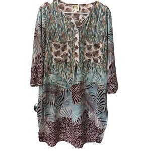 Fig and Flower Tunic Top Women XL Multicolor Mixed‎ Print Floral Palm Henley